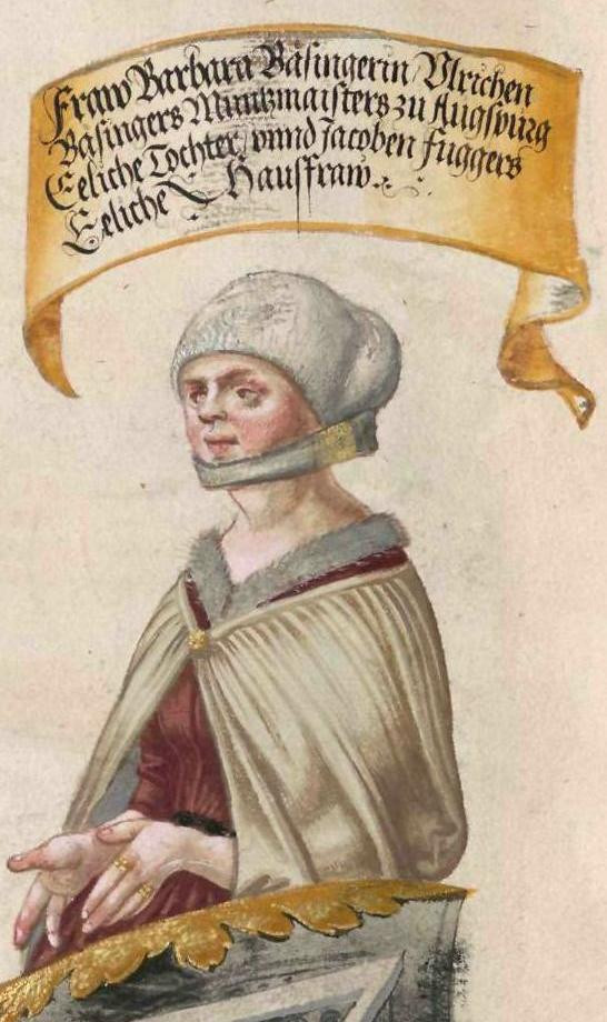 Barbara Bäsinger (1419–1497) Foto: Geheimes Ehrenbuch der Fugger/wikipedia